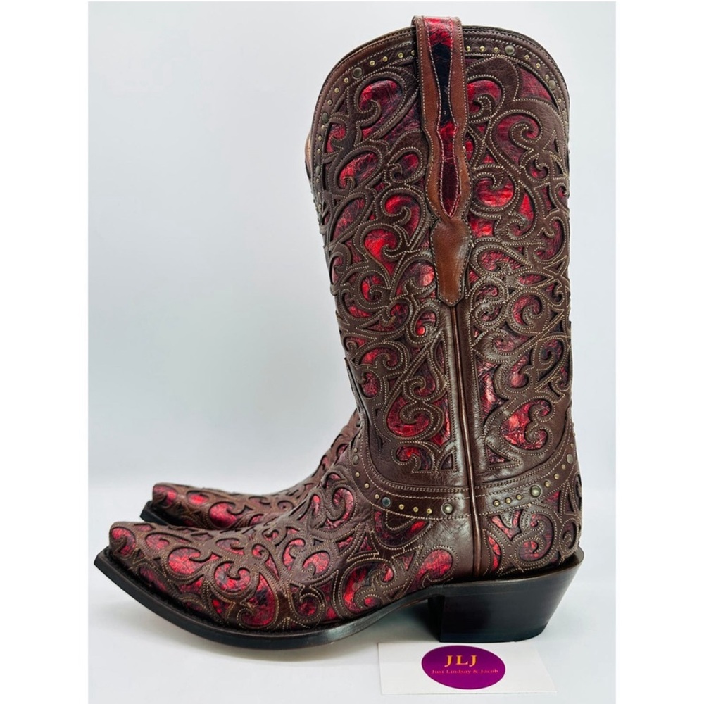 🔥Lucchese Women's Sierra Whiskey Cowhide/Red Studded Western Boots Size 10B🔥